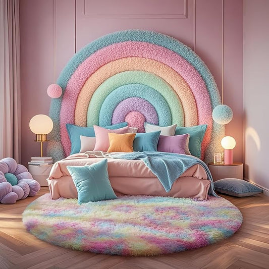 Ophanie Round Rug 4Ft Rainbow Circle Area Rug, Cute Room Decor for Teen Girls, Fluffy Fuzzy Bedroom Carpet, Plush Soft Shaggy Living Room Rugs for Kids Home Decor Aesthetic, Nursery
