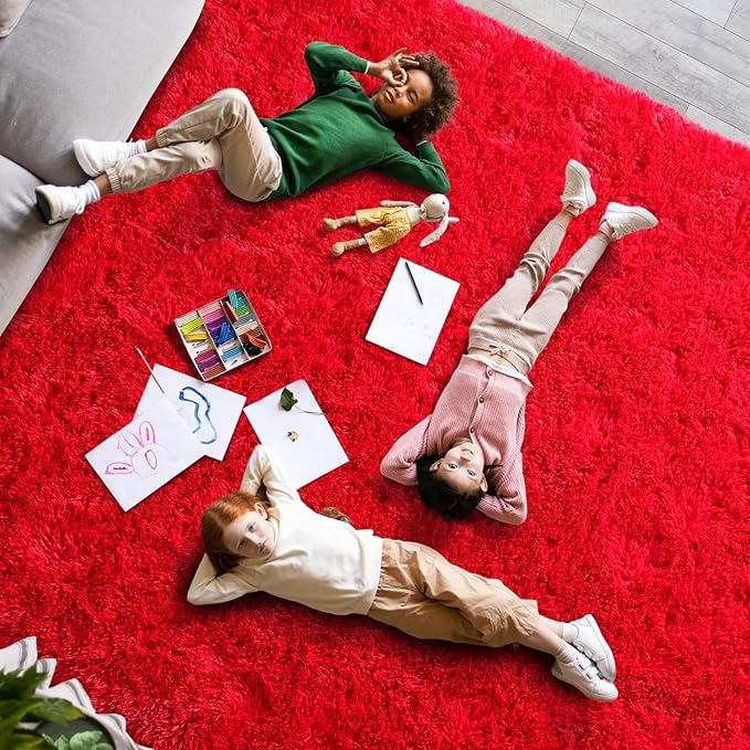 Super Fluffy Rugs for Living Room, 9x12 Modern Shag Red Area Rugs, Soft and Cozy Plush Large Under Bed Carpet for Kids, Girls Boys and Teens Decorations for Bedroom Dorm Nursery Classroom