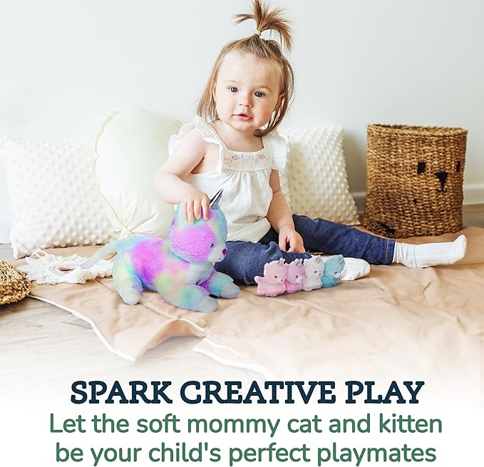 PixieCrush Unicorn Cat Plushie - Mommy Cat Unicorn with 4 Baby Kittens - Magical Pillow Plushies for Girls Ages 3-8 - Big Stuffed Animals - Ideal Gift for Girls 5 x 10 x 8 inches