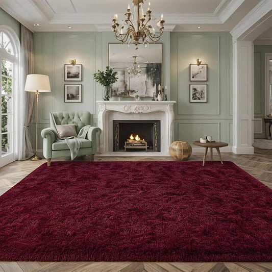 Nuttumico Extra Large Burgundy Fluffy Area Rugs for Living Room, 8x10 Feet Ultra Soft Indoor Modern Plush Fuzzy Rug, Thickened Carpet for Kids Playroom, High Pile, Non Slipping