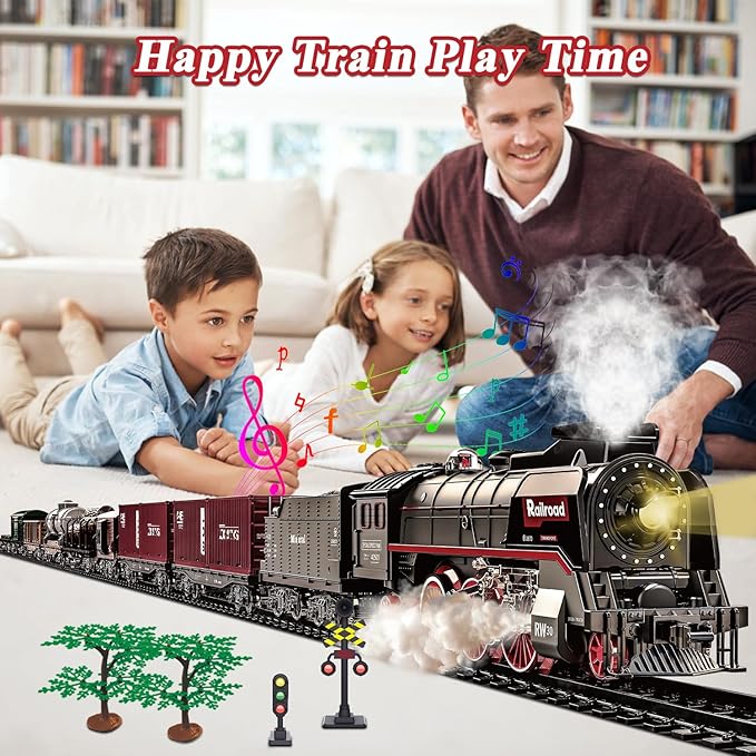 Train Set for Kids, Electric Train Toys with Realistic Light Sounds Smoke, Christmas Train Model Gifts for Toddlers Boys Girls, Steam Locomotive, Luxury Track & 3 Truck Carriages