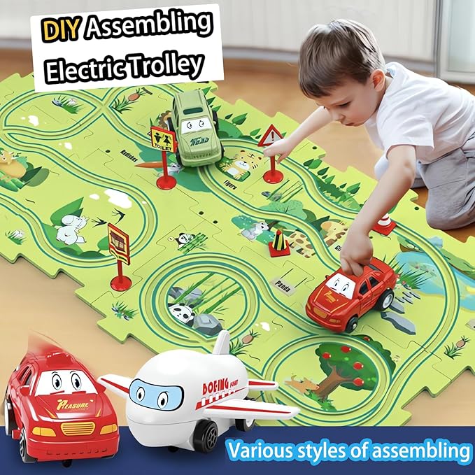 4 Year Old Boy Birthday Gift, Puzzle Racer Kids Car Track Set Puzzle Racer Car Track Set with Roadmap Puzzle Track Car Play Set Toys for 4 Year Old Boys (B-Dinosaur, set2-15PCS)