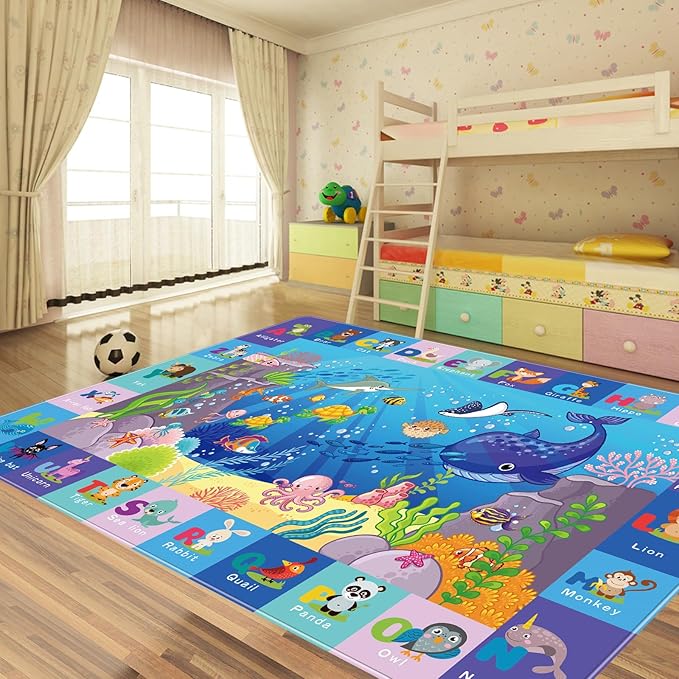 Baby Mat for Floor, Kids Play Rug, Playmat Crawling Tummy Time Mat, Non-Toxic Non-Slip Foldable Rugs Playroom (Sea Animals, 110.2X78.7 INCH) Blue