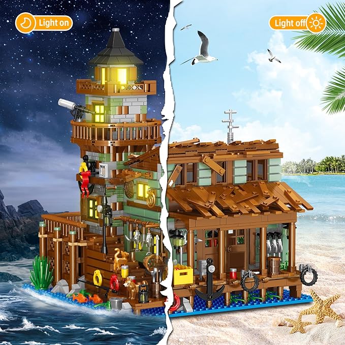 Fishing Village Store House Building Set with LED Light, 1881 PCS Wood Cabin Mini Building Block, STEM Architecture Toys Kit, Birthday Gift for Adults Ages 8-12+ Years（Not Compatible with Set ）
