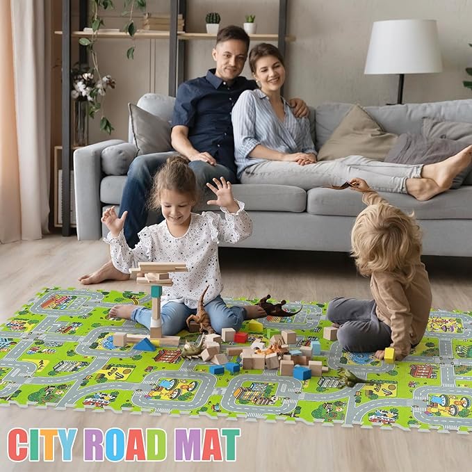 Skyweaver Traffic Play mat Puzzle Foam Interlocking Tiles – Kids Road Traffic Play Rug - Children Educational Playmat Rug - Great for Playing with Toy Cars Trucks (9Pcs)