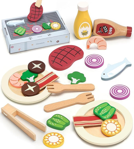 Wooden Play Food for Kids Kitchen - 24 Pcs Montessori Pretend Play Kitchen Accessories, Educational Learning Toys with Toy Fruits, Vegetables & Meat, Gift for Boys Girls Ages 3-6