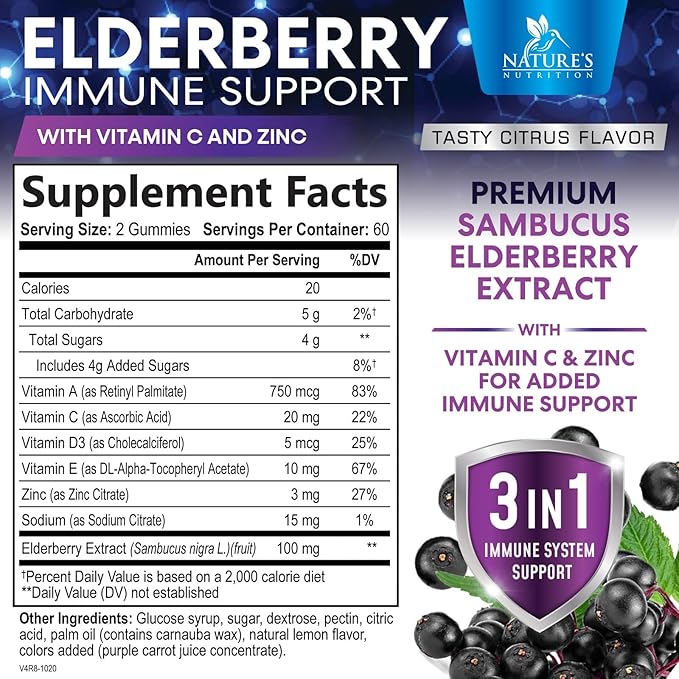 Sambucus Elderberry Immune Gummies, Daily Elderberry Immune Support Vitamins with Vitamin C, Vitamin D3, Zinc, Immune Support Gummy Vitamin Supplement, Black Elder berry for Adult & Kid - 120 Gummies