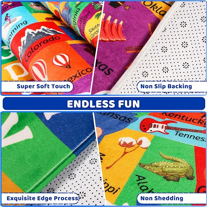 USA Map ABC Kid Rug 47x70.9IN for Playroom & Classroom - Fluffy, Non-Slip, Educational Baby Playmat with Alphabet Design