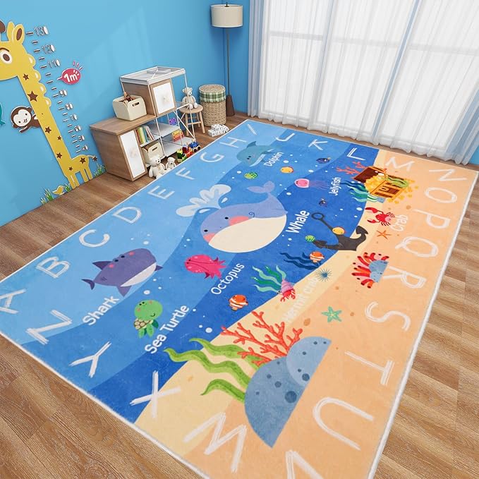 Kids Rugs for Playroom, 118.1"X94.4", ABC Alphabet Whale Kids Rug, Non-Slip, Washable, Educational
