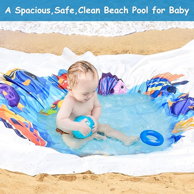6.5 X 6.5 Ft Baby Beach Pool, 2 in 1 Portable Kids Beach Play Pool Puddle Toddler Beach Blanket and Kiddie Pools Blue Cartoon Childs Sand Pit Paddling Pools with Water Bag for Boy Girl Outdoor Camping