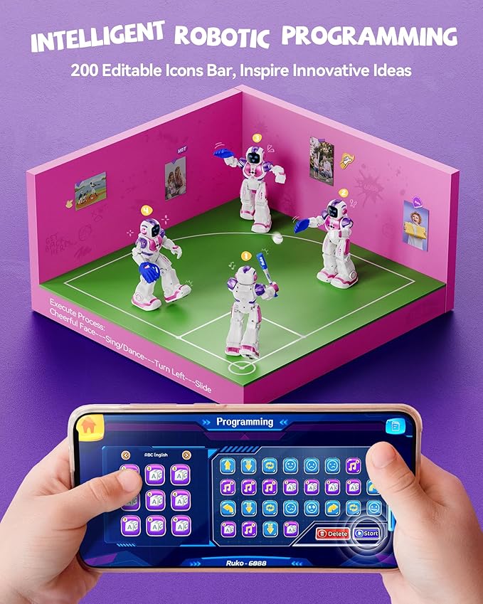 Ruko 6088 Dancing Robot for Girls with APP Control, Remote Control, Gesture Sensing Control, Interactive LED Emoji, QA Games Rechargeable Programmable Robot Toys for 3 4 5 6 Years Kids, Pink Purple