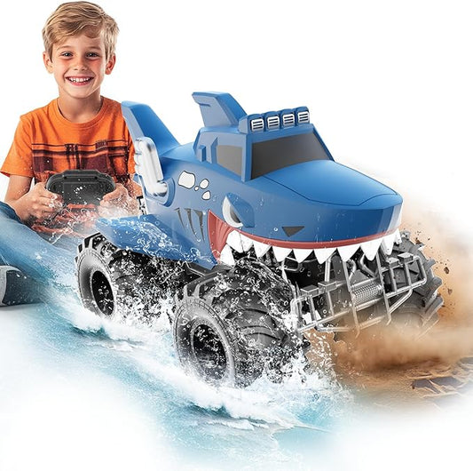 MUYOLO Remote Control Shark Truck, 1:16 Rc Monster Car with 2 Batteries 2.4GHz 4WD Off-Rock All Terrain Waterproof Amphibious Toys, for Christmas Birthday Gifts Presents Kids Boys Girls Ages 6+