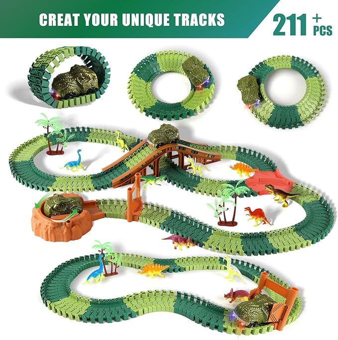 Jurassic Dinosaur Toys Race Car Track for Boys Age 4-7 Dinosaur World Road Race - Flexible Train Track Playset with 2 Cars and 8 Dinos-Todder Kids Best Gifts Ideas 3 5 6 Years Old (220+pcs) DDAI