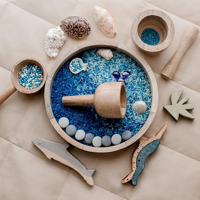 Wooden Funnel & Sensory Play Set – Montessori Pouring, Scooping & Grinding Kit for Loose Parts & Water Play, Natural Mango Wood