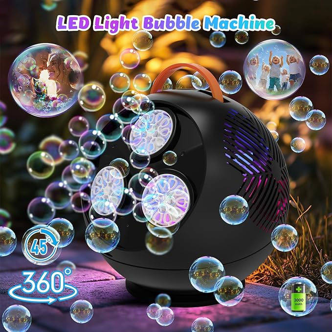 Bubble Machine for Kids Toddlers,45°/360° Automatic Rotation Spherical Bubble Maker Toy with RGB Light,Rechargeable Type-C Charge Bubble Blower,Outdoor Wedding Party Birthday Gifts (Black)