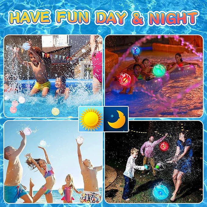 6 Pcs Light Up Led Quick Fill Water Balloons Reusable for Toddler Boys and Girls Ages 3+, Summer Beach Pool Refillable Water Ball Toys Outside Activities, Sealing Magnetic Water Balls