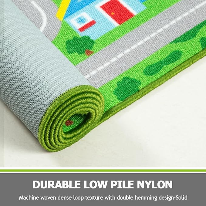 Capslpad Green Car Road Kid Rug Carpet Playmat for Playoom Traffic Road Kids Play Mat for Toddler Non Slip Washable City Map Race Track Carpet Rug for Kids Room Bedroom Nursery Room Decor,5'x2.7'
