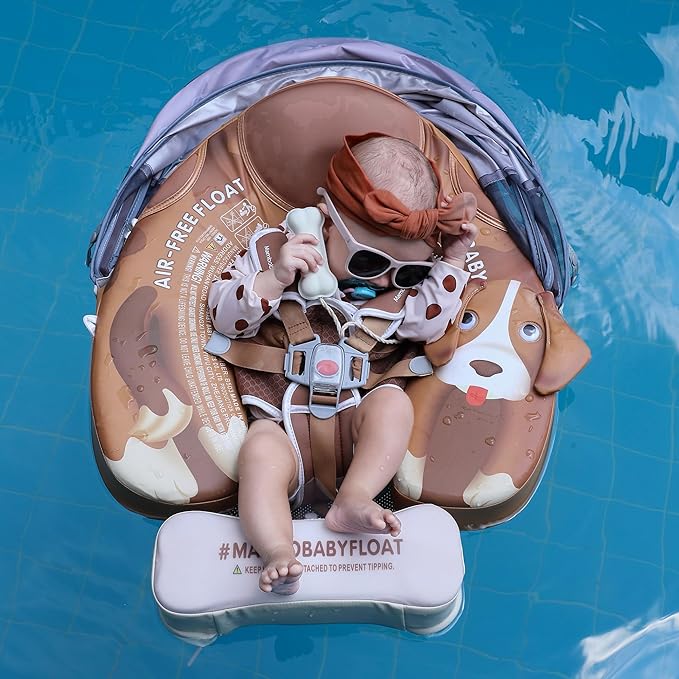 Mambobaby Float Add Tail Baby Swim Float with Canopy Solid Pool Infant Swim Trainer Swimming Training Lying Air Free Water Floats Non-Inflatable Waist Swim Ring for Toddlers (Cute Puppy)