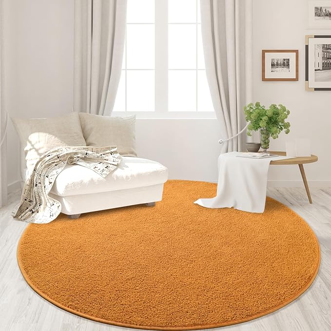 FlyDOIT Round Area Rugs for Bedroom Living Room, 4x4 Orange Super Soft Comfy Thickened Memory-Foam Indoor Circle Carpets, Modern Aesthetic Minimalist Carpet for Boys Girls Adults Nursery Home Décor