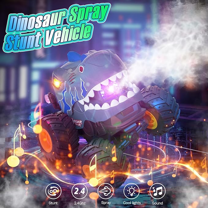 Dinosaur Remote Control Car for Boys 4-7, 360° Rotating Stunt Vehicle, 2.4GHz All Terrain RC Monster Truck Toys with Spray, Light & Sound for Kids 8-12, Birthday Gift for Boys (Grey)