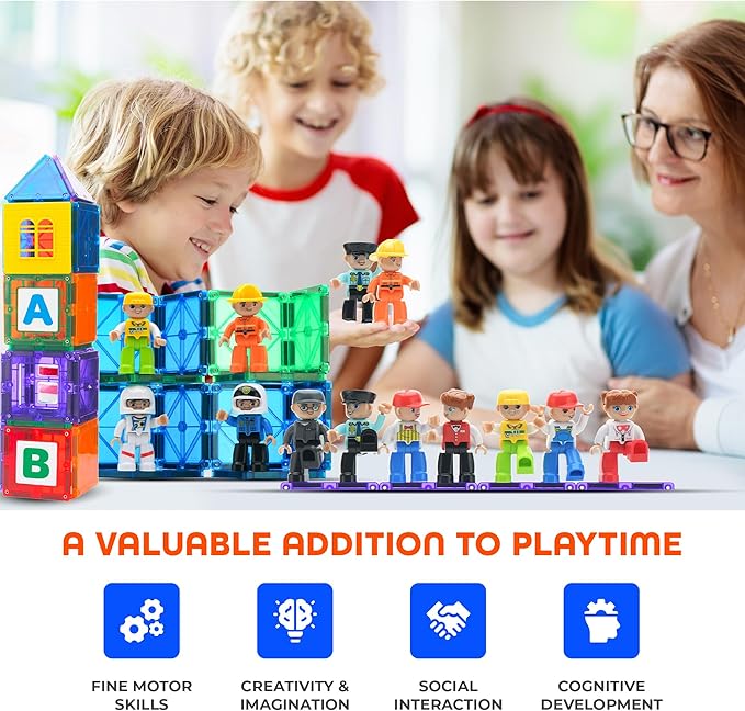 Playmags Large Magnetic Figures Community Set of 15 Pieces – 3” Play People Perfect for Magnetic Toys Building Blocks - STEM Learning Toys for Kids – Magnet Tiles Expansion Accessories Pack