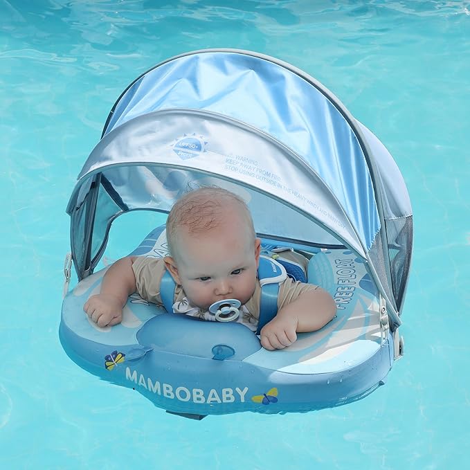 Mambobaby Float Add Tail Baby Swim Float with Canopy Solid Pool Infant Swim Trainer Swimming Training Lying Air Free Water Floats Non-Inflatable Waist Swim Ring for Toddlers (Butterfly - Blue)