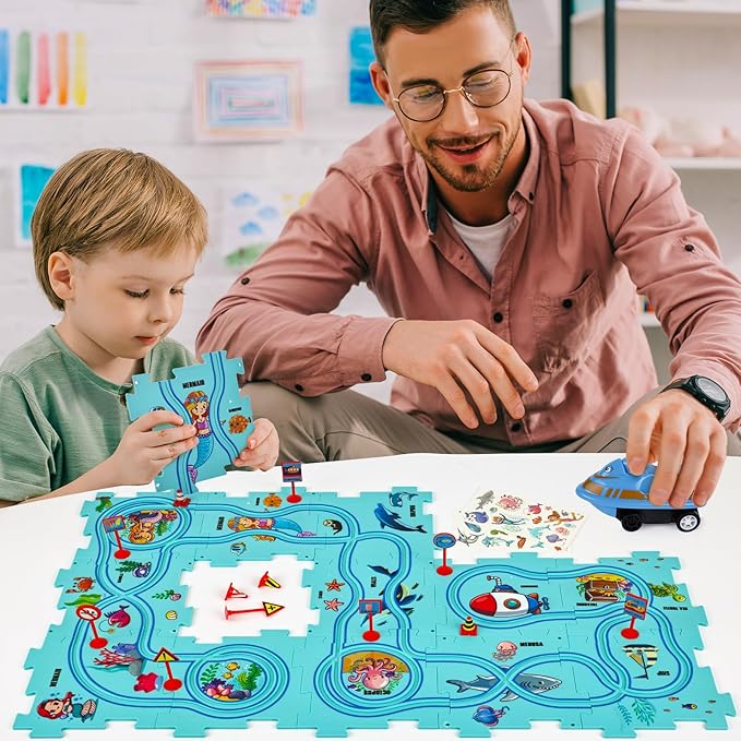 25PCS Puzzle Racer Kids Car Track Set, Rail Car Puzzle Track Ocean Themed Series, Puzzle Track Car Play Set, Toddler Puzzle Track Car, Educational Puzzle Toys Gifts for Kids Boys and Girls