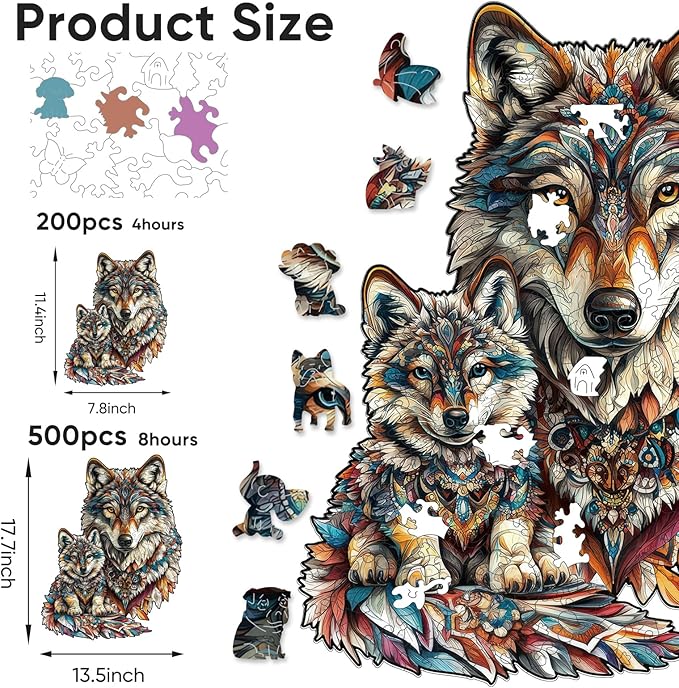 Wolf Family 500 Pieces Wooden Jigsaw Puzzles for Adults Unique Irregular Shape Fun Challenging Animal Puzzles for Kids and Couples on Birthday,Children’s Day,Christmas 12.2"*18.3"
