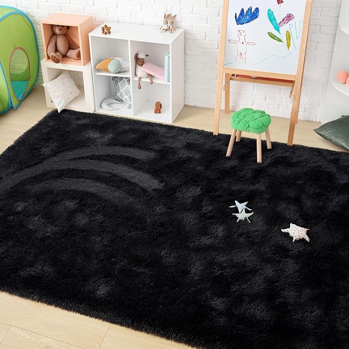 Amearea Premium Soft Fluffy Area Rug Modern Shag Carpet, 3x5 Feet, Fuzzy Shaggy Rugs for Bedroom Living Room Teen Apartment Decor, Comfortable Indoor Furry Dorm Carpets, Black