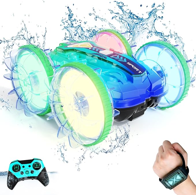 Amphibious Remote Control Car, 4WD Waterproof RC Stunt Car Toys with LED Lights, 360°Rotation RC Boat Water Beach Pool Toys for Boys, Christmas Birthday Gifts Toys for Kid Ages 4-7 8-12 Year Old