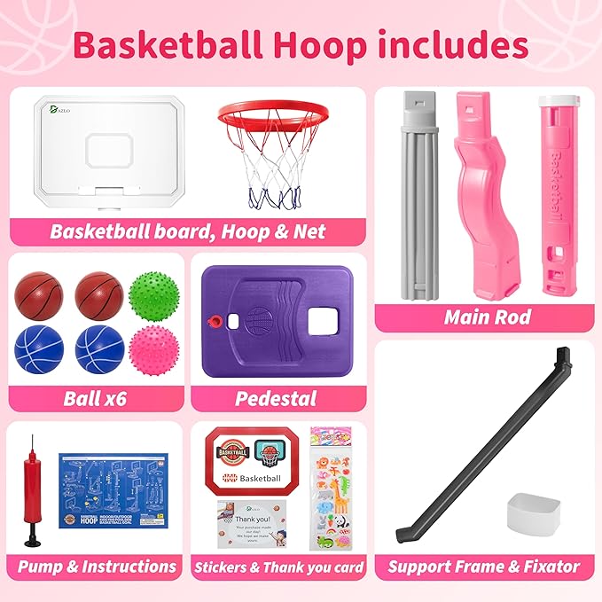 Toddler Basketball Hoop with Adjustable Height (27.6" to 54.4") – Kids Basketball Hoop Including 4 Basketballs, 2 Sensory Balls, Stickers & Inflator – Indoor/Outdoor Play for Ages 3-12