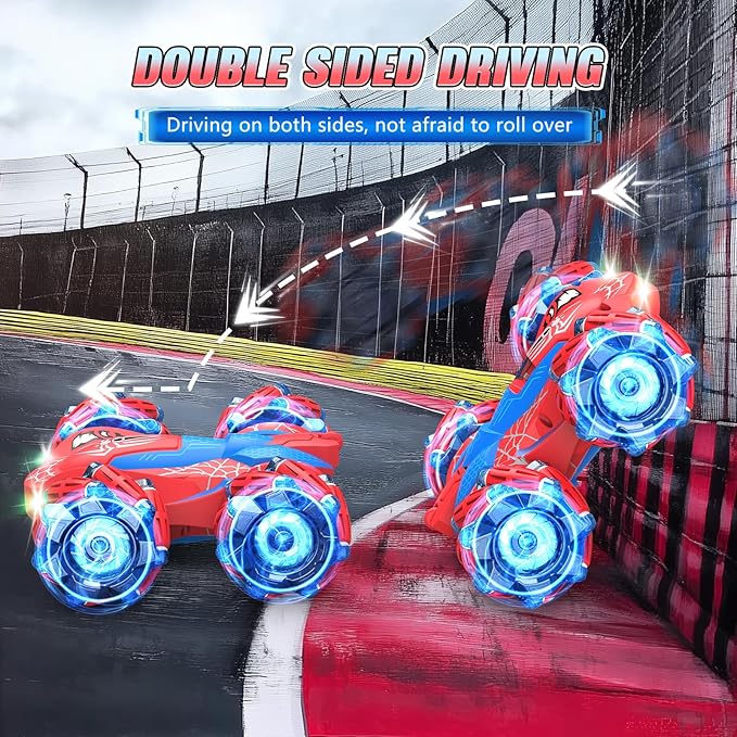 Remote Control Car 2.4Ghz RC Cars with LED Lights Double Sided Off-Road 360°Rotating Roll RC Cars Rechargeable 4WD RC Stunt Car Indoor Outdoor Toys for Boys Girls 6-13 (Red)