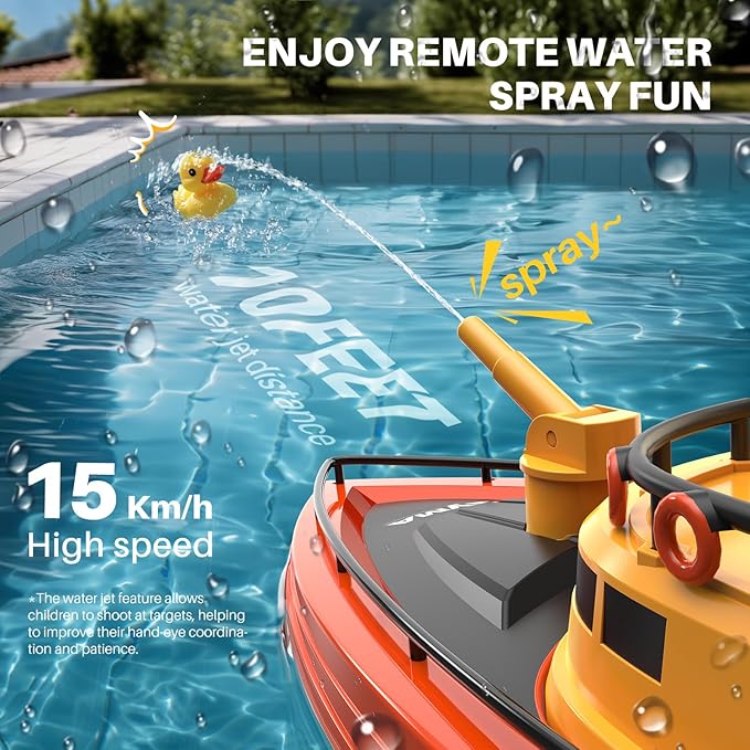 SYMA Remote Control Boat, Big RC Boat Firefighter for Kids 8-12 with 40 Mins Run Time (2 Batteries), One-Key Water Spary, 15 km/h High Speed and Low Battery Warning, Pool Toys for Boys Girls