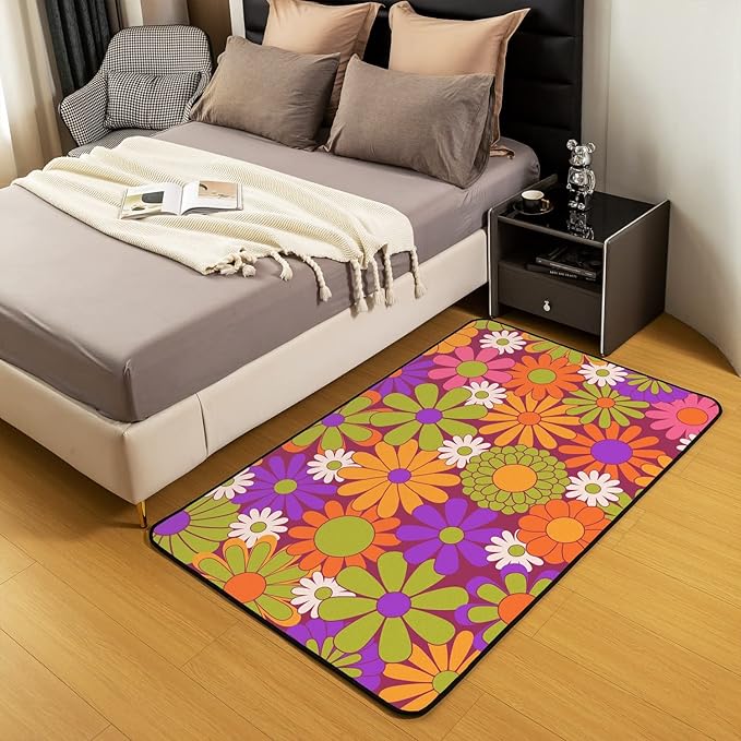 Colorful Vintage Floral Area Rug 3x5,Girls Groovy Flowers Decorative Rug Women Hippie 60S 70S Flowers Power Carpet Psychedelic Botanical Aesthetic Non Shedding Rug for Living Room
