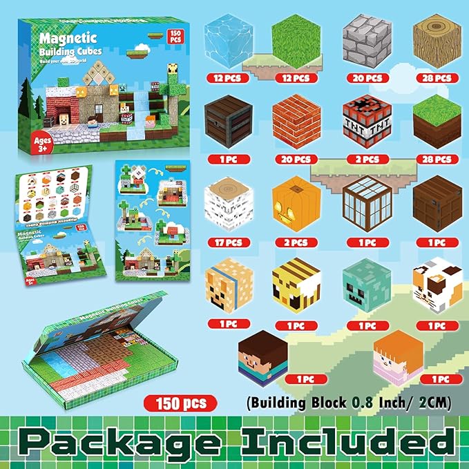 150PCS Magnetic Blocks - Magnetic Building Blocks, Magnet Cubes Toys Stacking, Build Forest World Set, STEM Montessori Sensory Toys for Kids Boys Girls Ages 3-5 6-8 Easter Birthday Gifts