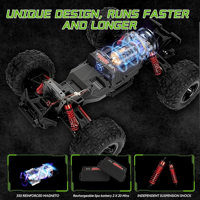 1:10 Off-Road All Terrain Remote Control Car, RC Truck, 43 Km/H High Speed 4WD Electric RC Cars with 2.4 GHz Remote Control and 2 Lipo Batteries for Kids Adults Boys Gifts