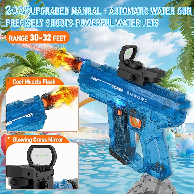 Electric Water Gun for Kids Adults, Transparent Automatic Squirt Gun with 30-32 FT Long Range, Summer Outdoor Beach Swimming Pool Party Toys for Boys Girls Adults (Blue)