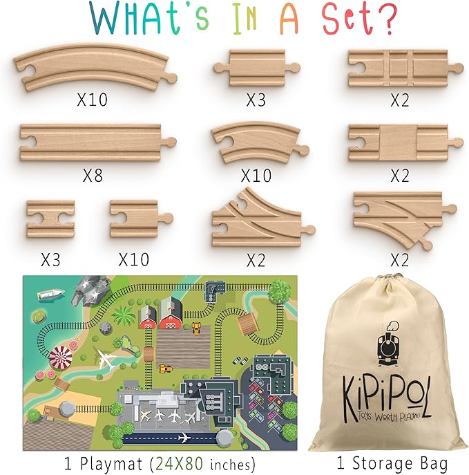 Wooden Train Tracks Set - 52 pcs+Bonus Railroad Map –Compatible W All Major Wooden Railway Toy Brands Including: Thomas The Train Track Set, Brio Train, Melissa and Doug Train Set for Kids 3+