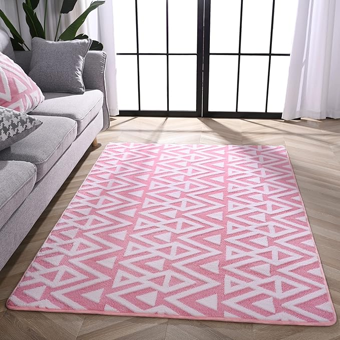 Ompaa Ultra Soft Shaggy Rugs Memory Foam Bedroom Carpet, Pink 5 x 8 Feet, Plush Geometric Textured Area Rugs for Living Room Couch Dorm Bedside Kids Girls Teens Room Nursery Decor Floor Mat