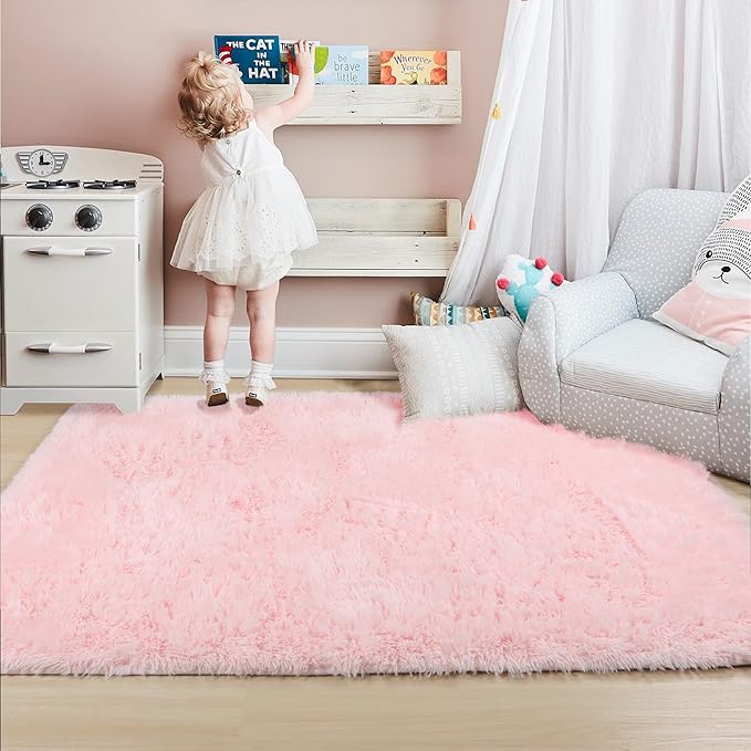 Pink Area Rugs for Bedroom Girls, 5x7 Machine Washable, Fluffy Fuzzy Shag Rug for Living Room, Kids Room, Kawaii Cute Baby Rug, Plush Indoor Floor Carpet for Teen, Nursery, Dorm, Home Decor Aesthetic