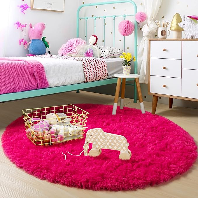 Hot Pink Round Rugs 5Ft for Girls Bedroom, Fluffy Circle Area Rug for Kids Room Decor Aesthetic, Shag Plush Fuzzy Furry Carpet for Living Room, Nursery, Dorm, Classroom, Teen, Cute Princess Baby Rug