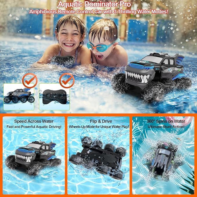 Amphibious Remote Control Car 8WD RC Monster Truck with 2 Rechargeable Batteries for Boys Age 8-12 Offroad Waterproof RC Pickup 2.4GHz All Terrain RC Drift Cars Beach Pool Toys Gifts for Kids Blue