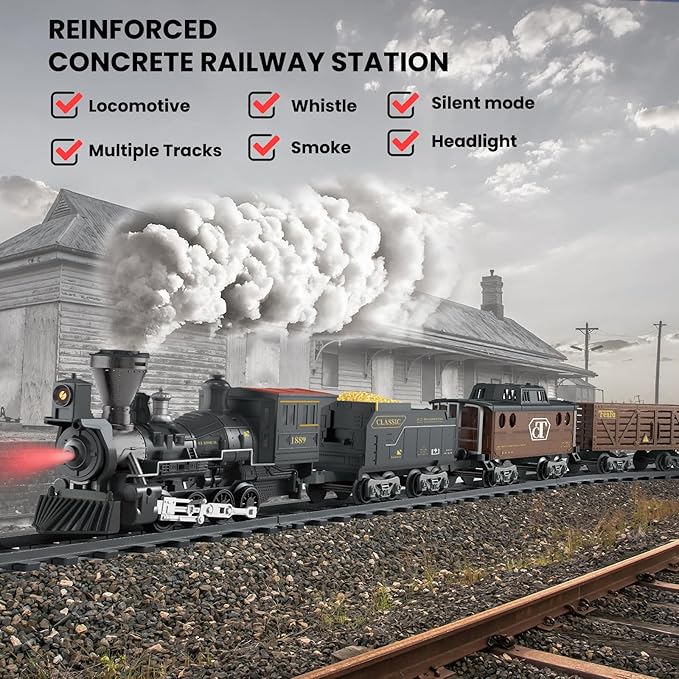 Classic Model Train Set Toy with Steam and Sound, Electric Train for Under The Trees, Cargo Car for Boys & Girls 3 4 5 6 7 Years