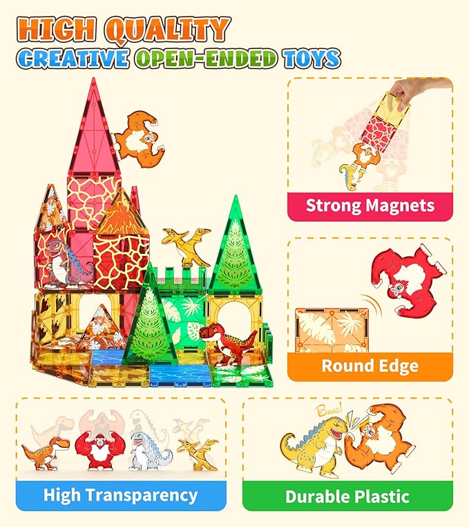 Dinosaurs Toys Magnetic Tiles for Kids 3-5, Dino,King Kong and Godzilla Animals World Construction Tile for Toddlers Ages 5-7, Magnet Building Blocks for Boys Girls Ages 3+ 4-8 8-12 Year Old