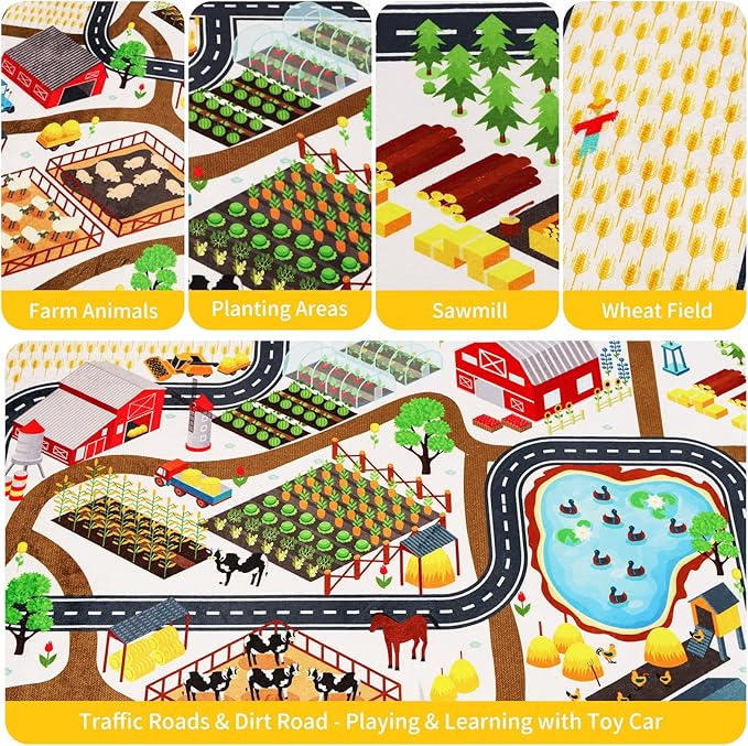 Kids Rug Play Mat for Toy Cars, 59"×78.7" Farm Life Road Traffic for Playroom Kids Car Road Rugs Village Map Play Mat Non-Slip Washable Play Rug for Toddlers Boys Room Family Tummy Time Playtime White