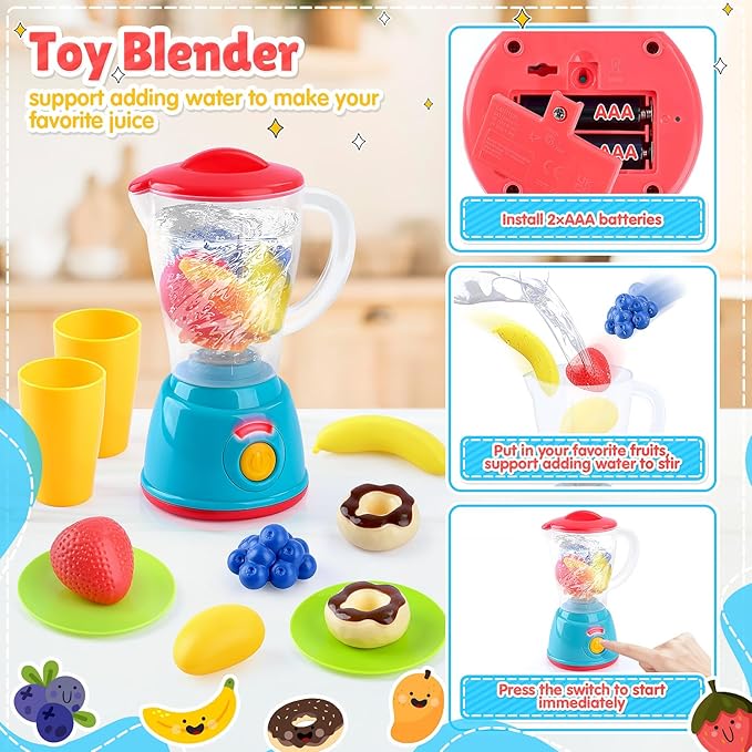 PLAY Kitchen Appliances Toys Set, Pretend Play Kids Kitchen Playset with Coffee Maker, Toy Blender and Play Foods, with Realistic Lights and Sounds, Play Kitchen Accessories Gift for Toddler Ages 3+