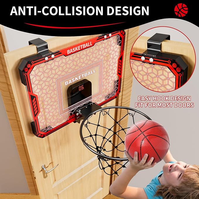 Indoor Basketball Hoop for Kids Boys, Mini Basketball Hoop Indoor Sets Toys with RC 7-Color LED Light, 4 Balls & Scoreboard, Birthday Toys Gifts for 3 4 5 6 7 8 9 10 11 12+ Year Old Boys