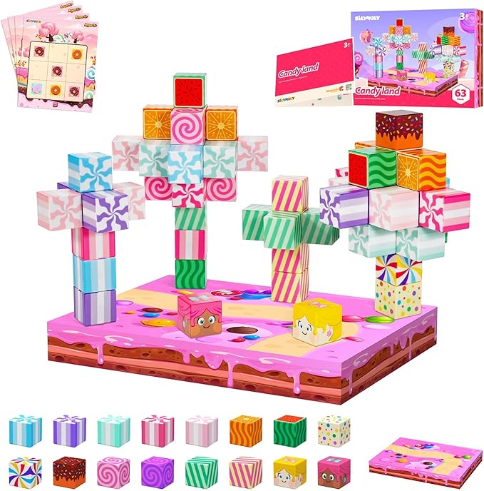 Magnetic Blocks Candy Land Edition, Magnetic Tiles Building Blocks Boys & Girls Toys Age 3-5 4-8 5-7 Sensory Gift for Kids，Magnets Cubes，Upgraded STEM Gift 1.2 Inches