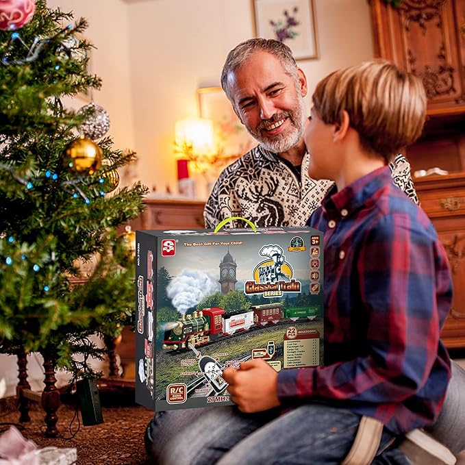 FANL Train Set with Remote Control - Christmas Train Toys - Steam Locomotive Engine, Cargo Car and Train Tracks - Rechargeable Electric Train Toy Gift Toys for Age 3 4 5 6 + Kids.