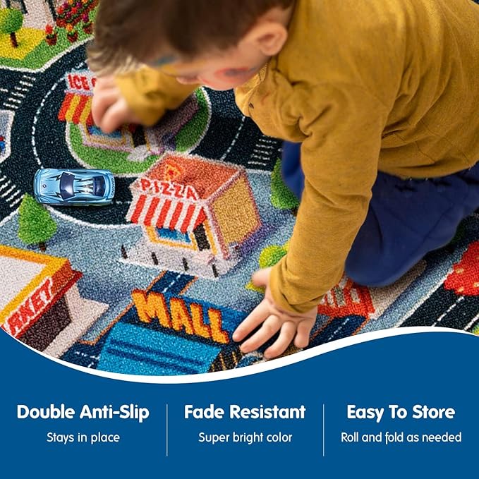 Booooom Jackson Kids Car Rug Play Mat for Toy Cars,39X79 inch Kids Rug Car Mat,Car Play Rug for Kids Playroom,Car Road Rug for Bedroom,Kid Car Carpet for Toddler Boy,Car Area Rug Non-Slip